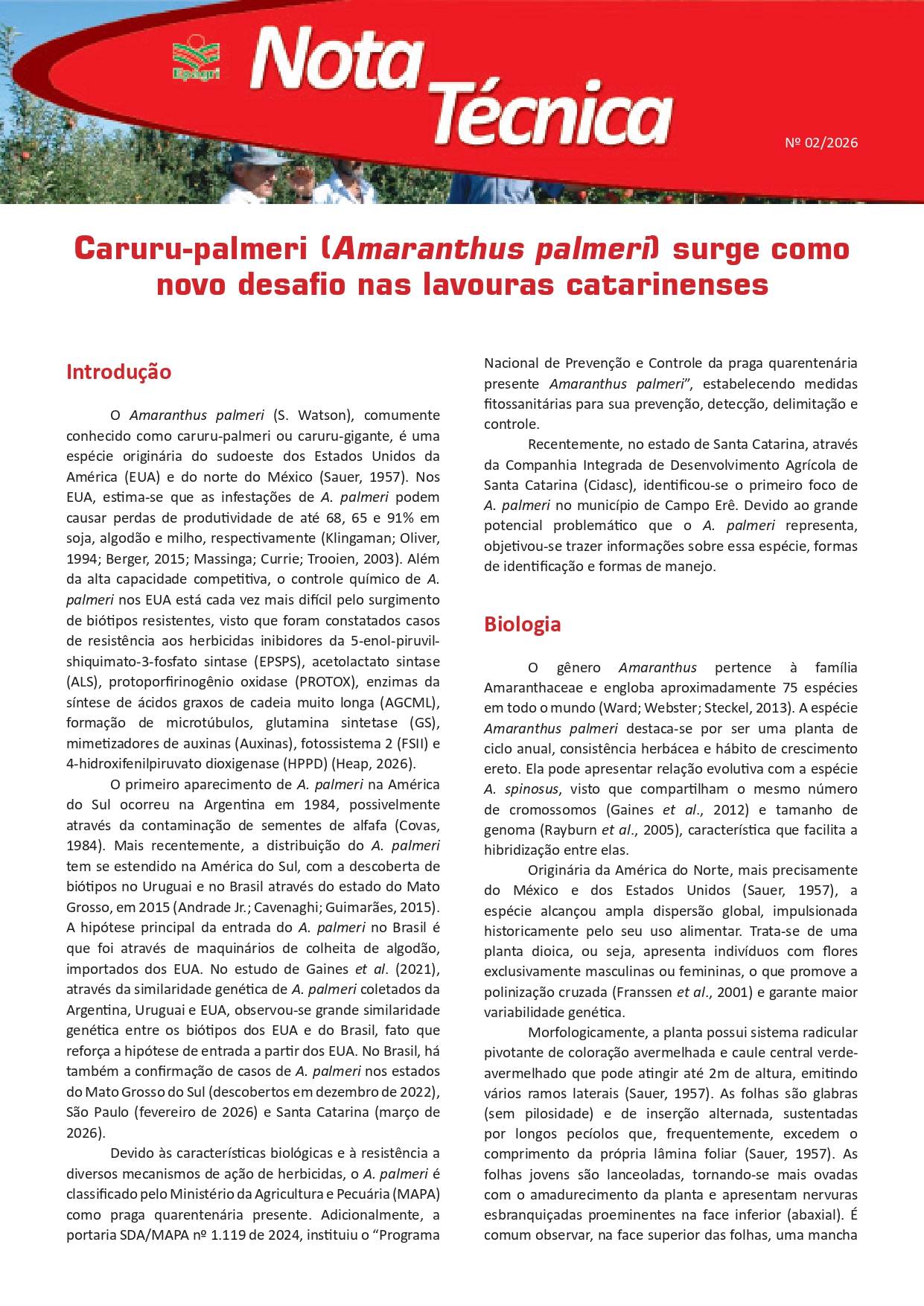 					Visualizar n. 2 (2026): Caruru-palmeri surge como novo desafio nas lavouras catarinenses
				