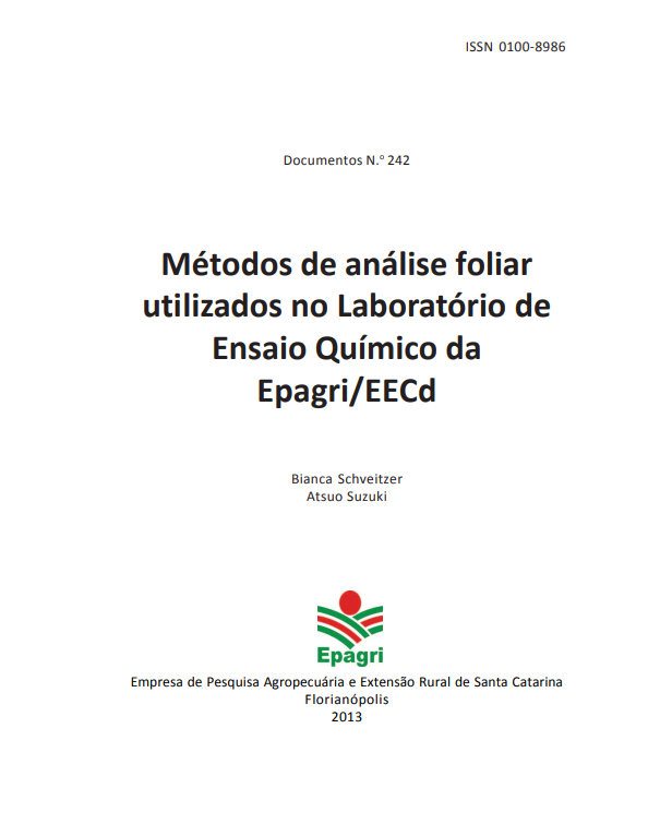 					Visualizar n. 242 (2013): Métodos de análise foliar utilizados no Laboratório de Ensaio Químico da Epagri/EECd
				